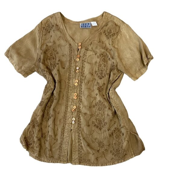 MPH Collection BOHO Button-Up Short Sleeve Embroidered Tunic Top 3X 284H - Picture 1 of 7
